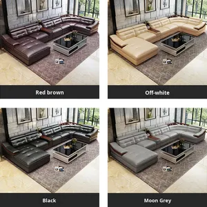 Lujo chino en forma de U marco de madera maciza sofá de cuero de lujo Villa sala de estar sofá de cuero conjunto de muebles - Product Image 4