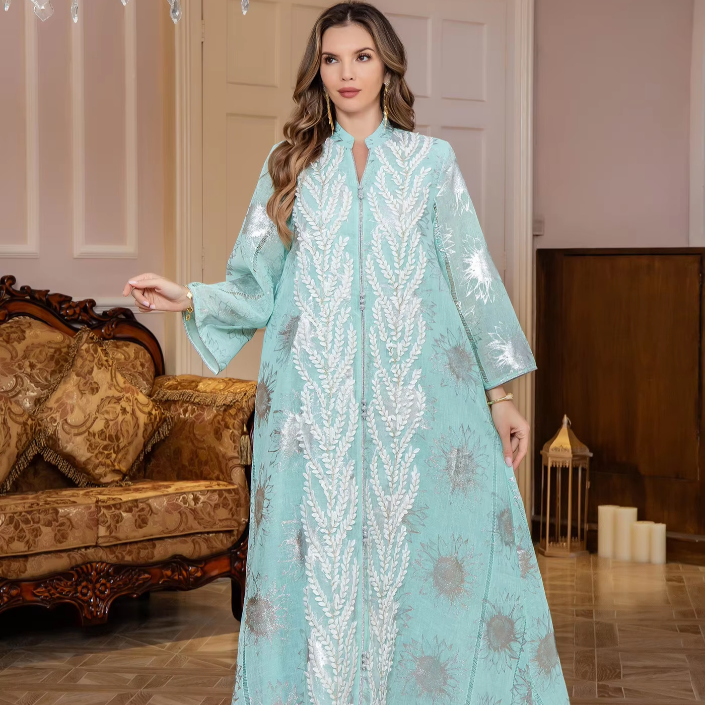 chinese dress ladies PolyJolly Gold Stamped Black Robes for Woman Dubai Sadui Fancy Abaya 2  Pieces Modest Eid Dress Clothes M at Amazon Women's Clothing store main image 1
