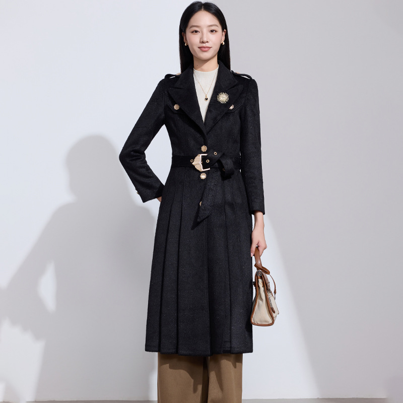 Black coat, brooch, belt
