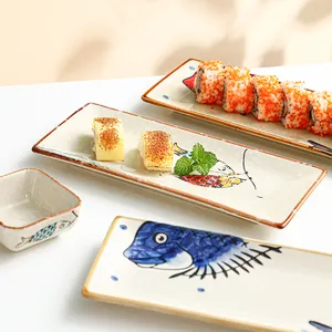 뜨거운 판매 도매 레스토랑 handpainted 고양이 물고기 만화 색상 10 인치 초밥 디저트 저녁 식사 직사각형 세라믹 접시