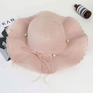 Female Summer Wave Brimmed Pearl Straw Hat <b>Sunscreen</b> Beach Sun Hat for Women Outdoor Sports Travel - Product Image 5