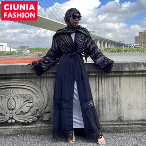 1805 # Dubai Islamic Abaya Black Lace ricamo Matching Belt Robe Open Kimono musulmano donne modeste