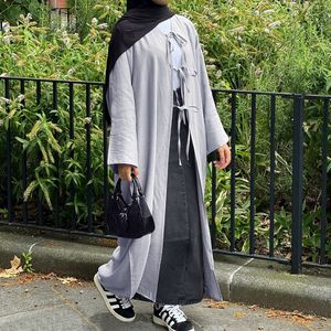 عباية كريب كيمونو مفتوحة مع أربطة ربطة عنق أمامية دبي سترة محتشمة رباط للنساء المسلمات بيع بالجملة ملابس إسلامية عباية سادة - Product Image 1