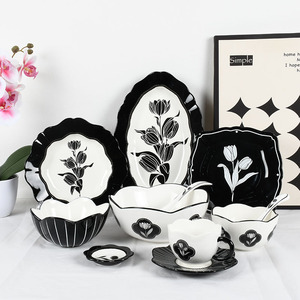 Vintage Mid-Century Modern 12pc Tulip Tableware Set Black & White Design Dishwasher Safe Ottoman Style Inspired Dinnerware Sets - Product Image 1