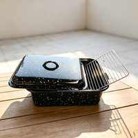 Plat de cuisson rectangulaire en acier émaillé noir moucheté de 32 cm pour camping, avec grille, idéal pour four et cuisson en extérieur