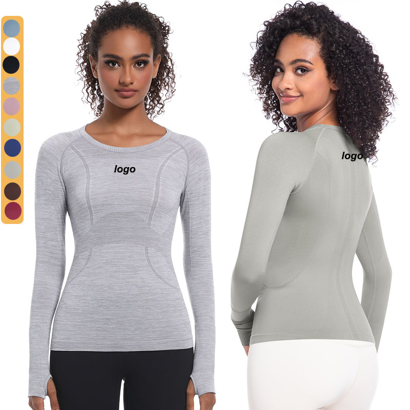 Custom logo Yoga Seamless Long Sleeve T Shirt High Compression Neck Round Blouse with Thumb Holes Quick Dry Tops for Women
