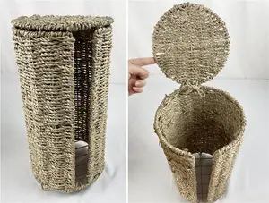 Handmade Customized Hotel Home Creative Round Toilet Paper Storage Organizer Woven Natural Seagrass Basket With Lid