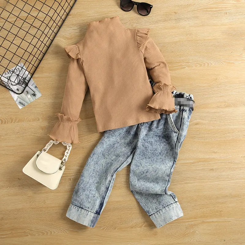 2-7Y Kids Girls Fashion Clothing Sets Children Trend Solid Long Sleeve Ribbed Tops+Denim Pants Casual Clothes Outfits