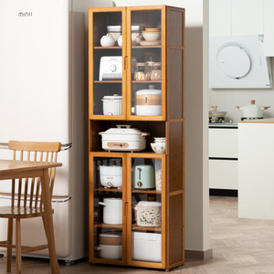 Armoire de rangement de cuisine multi-niveaux avec portes en verre, en bambou, design moderne pour l'organisation des ustensiles et de la vaisselle - Product Image 1