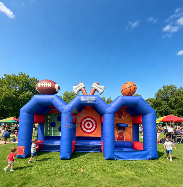 Commercial Outdoor PVC Inflatable Triple Play 3 1 Axe Throwing Basketball Soccer Shooting Games