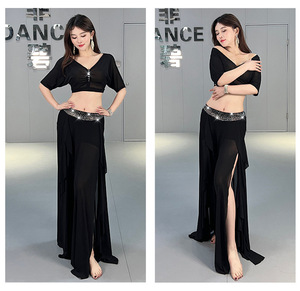 2024 Newest Sexy Deep V-neck tank Top Short Sleeve With High <strong>Split</strong> <strong>Skirt</strong> for Oriental Belly Dance Training Costumes Set - Product Image 6