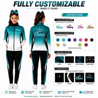 Setelan Pemanasan Cheerleading Ombre Kustom, Jaket Zip Up Lengan Panjang dan Celana, Logo Berhias Rhinestone, Berbagai Warna, Seragam Latihan