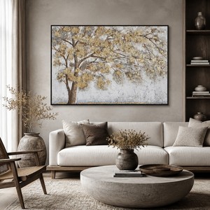 Quadro Moderno Dipinto a Mano con Paesaggio Astratto e Albero della Vita Dorato, Arte Murale 3D in Acrilico Ecologico per Arredamento Soggiorno - Product Image 1