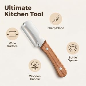 Éplucheur de fruits et légumes polyvalent en acier inoxydable et ouvre-bouteille avec manche ergonomique en bois, outil de <span class=keywords><strong>cuisine</strong></span> - Product Image 2