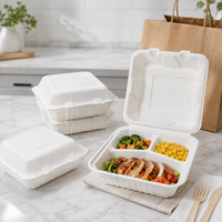 Boîte à clapet compostable en bagasse à 3 compartiments de 7 pouces, biodégradable, pour vente en gros et plats à emporter