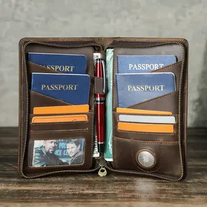 Custom Logo Genuine Leather Rfid-Blocking Family Travel Passport Holder Wallet With Slot For Airtag Men Clutch Phone Wallet