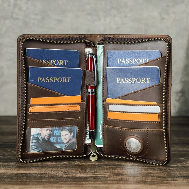 Family Travel Wallet Rfid Passport Holder Leather Anti-Lost Passport Wallet With Slot ForAirtag Mens Leather Clutch Phone Wallet