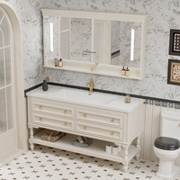Meuble de salle de bain français en bois massif avec planche laquée, comptoir en marbre autoportant, miroir de salle de bain et bassin en céramique d'hôtel