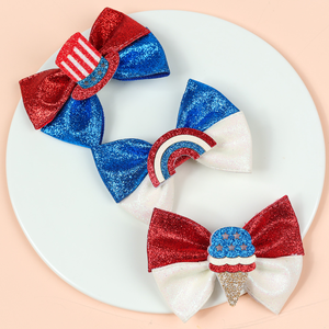 Accessoires pour cheveux du 4 juillet, pinces à cheveux pour enfants, accessoires pour cheveux pour la fête nationale des États-Unis, pinces à cheveux avec nœuds scintillants de couleur contrastée - Product Image 1