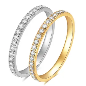 2mm basit zirkon kristal yüzük takı 2024 paslanmaz çelik parlak zirkon düğün nişan yüzüğü kadınlar kızlar için