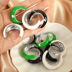 Pendientes de aro verde, negro, blanco, aleación de zinc, joyería de fiesta para mujer, diseño geométrico EH38 - Product Image 1
