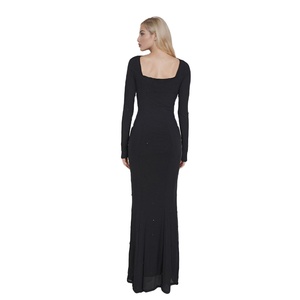 Vestido de fiesta de mujer de algodón con logotipo personalizado y elegante diseño ajustado de manga larga otoño Maxi estampado digital patrón sólido en la espalda - Product Image 2