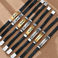 Pulsera de Silicona con Grabado Personalizado, Brazalete de Identificación, Barra Rectangular de Acero Inoxidable, Cuerda Trenzada, Cuero, para Hombre y Mujer