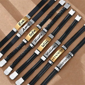 Bracelet en silicone personnalisé avec gravure, bracelet d'identification, barre rectangulaire en acier inoxydable, corde tressée en cuir, pour homme et femme - Product Image 1
