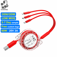 Kabel Pengisi Daya Cepat 3 in 1 Retractable 1.2m 3A Tipe-C Micro USB dengan Selubung Nilon PVC Pipih untuk Power Bank & Komputer (Grosir)