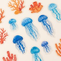 Feuilles d'autocollants personnalisées en PET transparent, découpées à la forme, avec cristaux 3D en relief, UV, motif méduse mignonne et thème océan