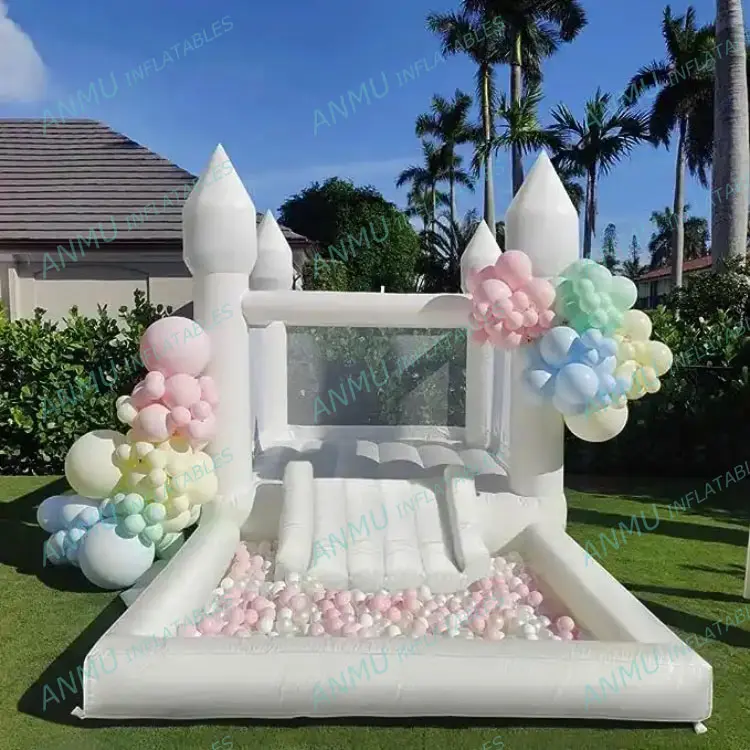 Inflatable white bounce house castle with pool Large Ball Pool and Jump Space 3in1 Bouncey House for Kids