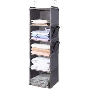 Hanging Closet Organizer 5 Tier With 2 Side Pockets <b>Foldable</b> Storage For Bedroom Clothing Grey - Product Image 1