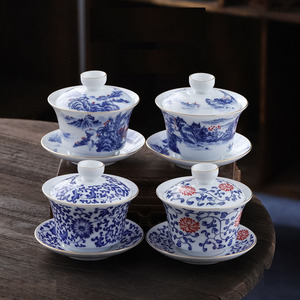 Juego de Té de Cerámica Azul y Blanca de 160 ml, Sancai <span class=keywords><strong>Gai</strong></span> Wan, Taza de Té Kongfu, Taza de Té China Jing Cha Wan - Product Image 1