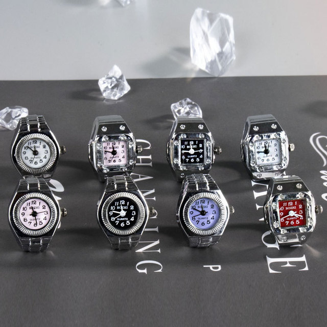 BOZHI 006-1 032-1 001-1 Vintage Punk Retro Finger Ring Watches Elastic Watchband Quartz Silver Mini Ring Watch for Men Women
