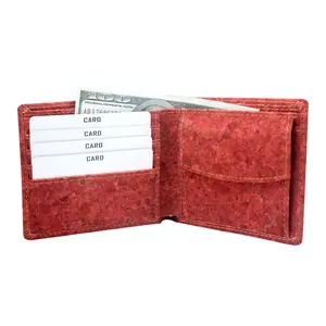 Boshiho Red Color Great Eco Friendly Products Cork Bifold Vegan vertical grain Purse Men Hold Coin Pocket Card Holder Wallet