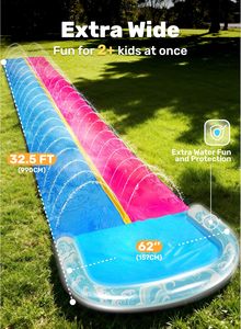 Toboggan aquatique double piste rose et bleu avec arroseur et 2 planches de surf pour enfants – Course en plein air dans le jardin - Product Image 2