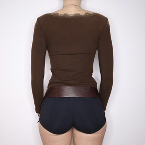 Letter Print Lace Crewneck Long Sleeve Top Button Front Slim Fit Spring Autumn Vintage Versatile Layering Casual Top - Product Image 3
