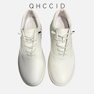 QHCCID Men's Genuine Leather Sneakers <b>White</b> Mid-<b>Heel</b> Thick Sole Casual Lace-Up Shoes Daily Wear - Product Image 1