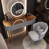 Nouvelle Table de Maquillage Moderne avec Miroir sur Pied, Plateau en Verre Trempé et Pieds Dorés, Table de Coiffure pour Chambre à Coucher avec Tiroir de Rangement