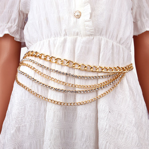 โซ่คล้องตัวแฟชั่นหลายชั้น โลหะผสมสังกะสีสีทอง สไตล์ฮิปฮอป ประดับเพชรเทียม ความยาว 60 ซม. 80 ซม. - Product Image 3