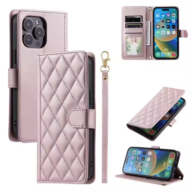 Girls Phone Case Luxury Wallet Leather Mobile Phone Bags for IPhone16 15 14 Pro Max Strap Diamond Women Phone Case Stand Cover