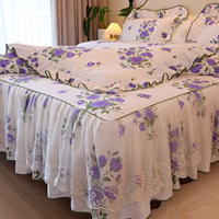 Parure de lit 100% coton 40S motif floral violet avec jupe de lit style princesse en dentelle et gaze à volants, 4 pièces