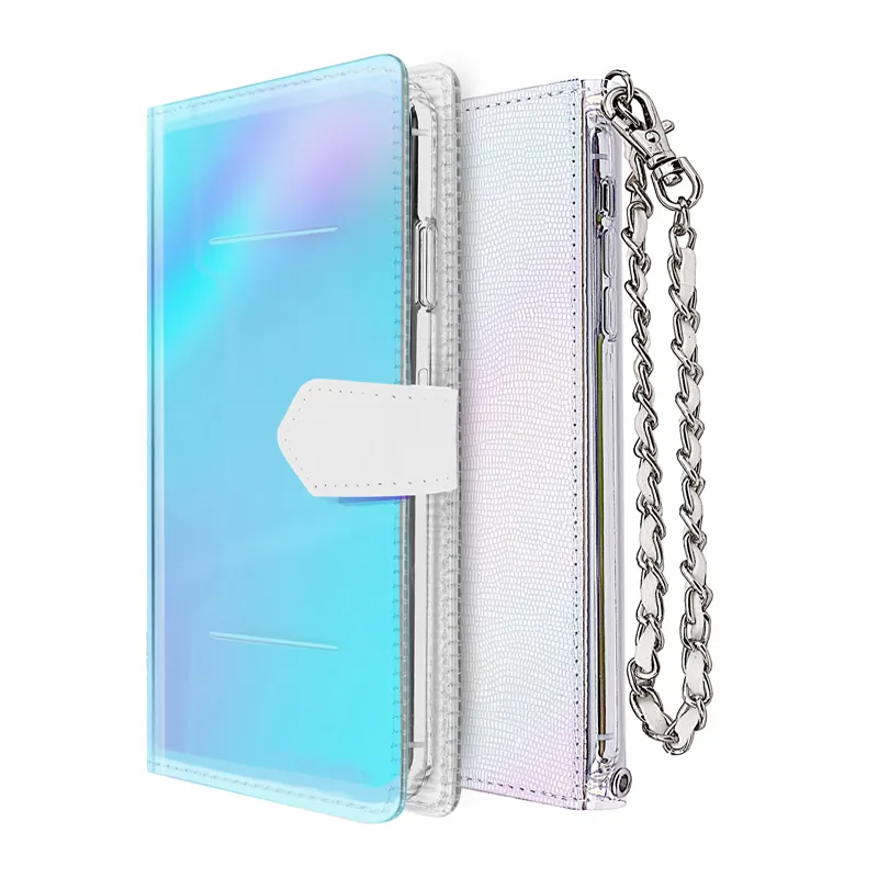 Design Holographic Iridescent Shiny Laser PVC Clear Wallet phone case for Redmi Note 10 JE 5G poco X3 with diagonal chain wrist