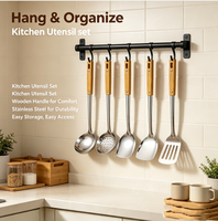 Ustensiles de cuisine en acier inoxydable poli miroir, durables, 5 pièces, avec manche en plastique motif grain de bois : louche, spatule, écumoire, cuillère ajourée