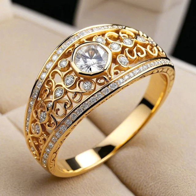 CAOSHI Elegant Pattern Hollow Design Round Sparkling CZ Rings Women Wedding Gold Color Plated Zircon Band Rings Jewelry Custom