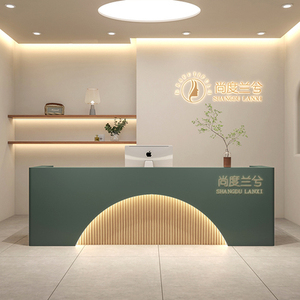 Elegant Wood Veneer Reception <b>Desk</b> Gold Line Inlay Modern Beauty Salon Front Counter Clinic Spa Hotel - Product Image 3