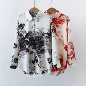 PB & ZA Nueva camisa coreana retro estampado digital Blusa de manga larga satén mujer de mujer