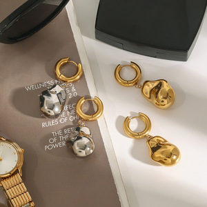 Yueli <b>Huggie</b> Earrings Irregular Geometric Shape Gold <b>Silver</b> Dangle Unisex Everyday Wear - Product Image 4