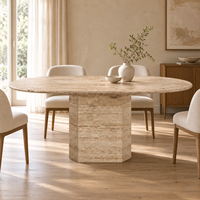 MEUBLES JIAMEIJIA |   Table à manger ovale effet travertin avec piétement à facettes