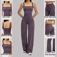 Set Yoga Wanita Custom LOGO Bahan Bernapas Atasan Gym Warna Cokelat Celana Olahraga Pinggang Tinggi Elastis Kaki Lebar Ringan 2 Potong Pakaian Olahraga Wanita